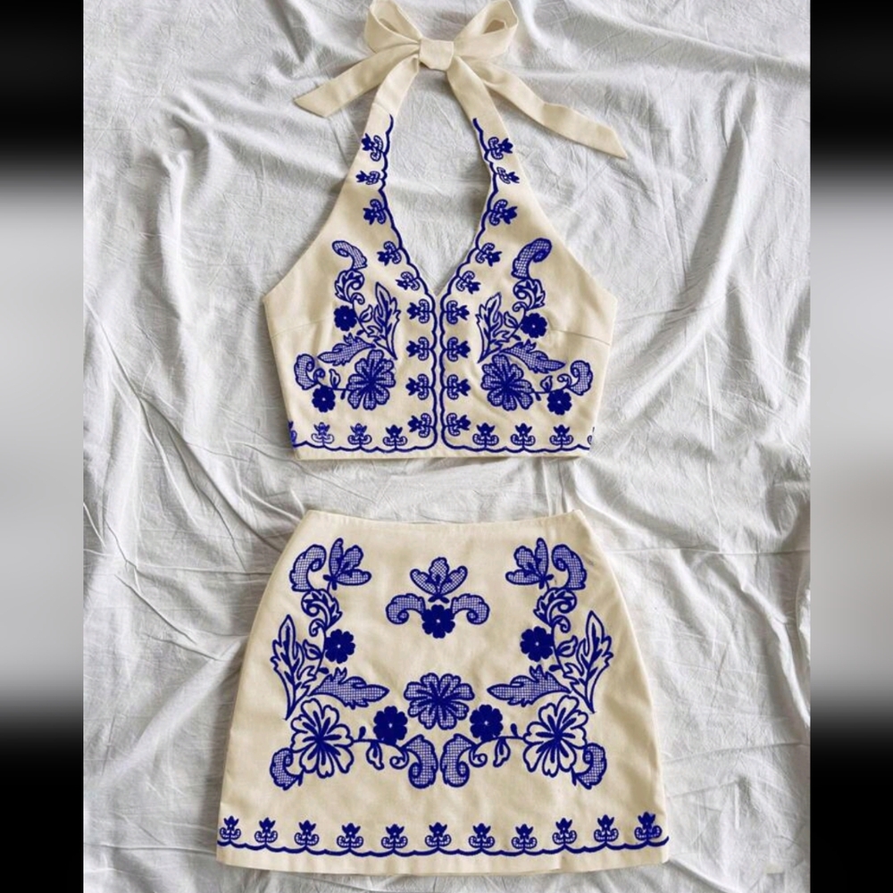 Women's Blue And Apricot Real Embroidery Skirt Set